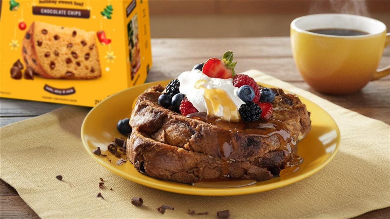 Two slices of Bauducco® Panettone French Toast with fruit and whipped cream on a bright yellow plate and a cup of coffee.