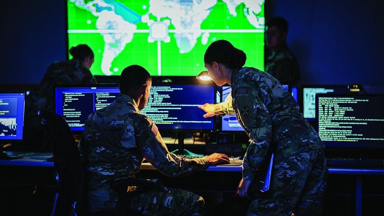 Soldiers of the U.S. Army Reserve and the Army National Guard writing computer code.