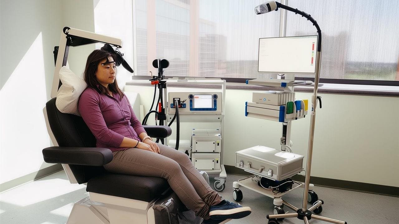 Patient sitting in a chair a procedure room. Stanford Neuromodulation Therapy, or SAINT, is a next-generation approach changing how severe depression and suicidal tendencies can be treated.