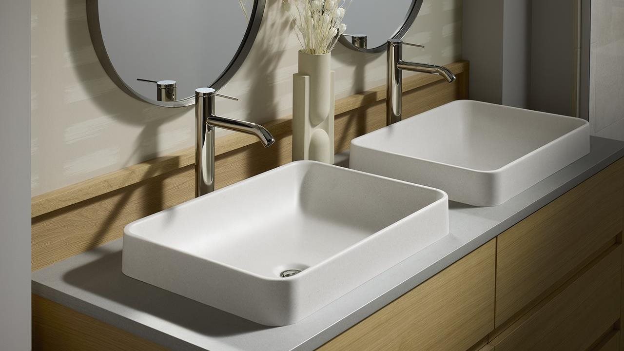 The Kohler WasteLAB Vox bathroom sink. Available in Ashen and Eggshell, the WasteLAB Vox is a testament to Kohler's commitment to craftsmanship and circular design.