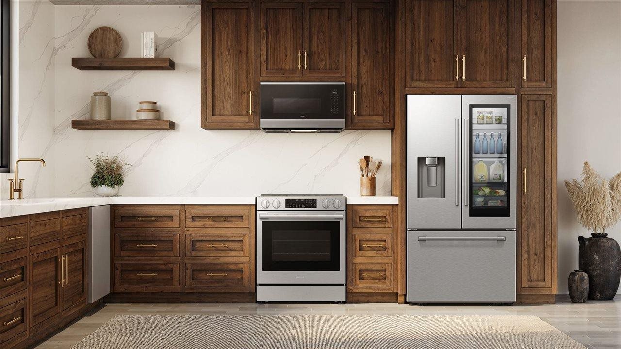 Samsung appliances refridgerator, range and microwave in a modern kitchen,