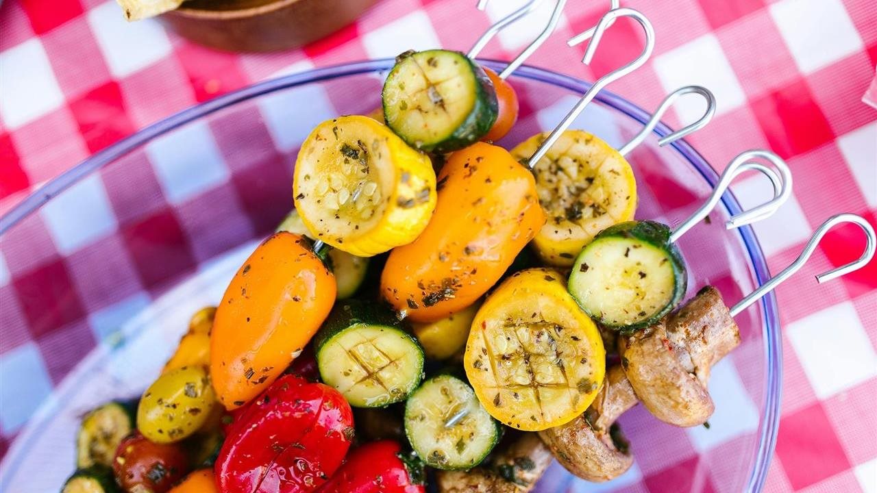 Grilled veggie skewers. Quality Ferry-Morse seeds help gardeners successfully grow vegetables.