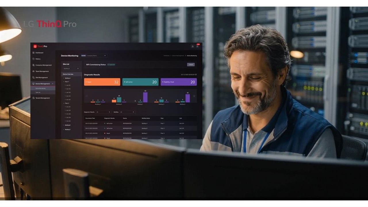 Man using the LG ThinQ Pro B2B platform in a server room and type overlay "LG ThinQ Pro".