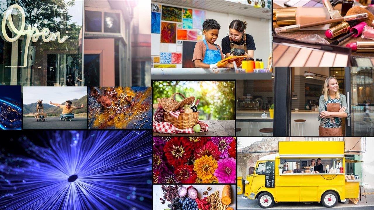 A composite photo of iStock images arranged in a collage format using iStock's AI suite to edit standout marketing images, while ensuring the visuals are licensed and protected.