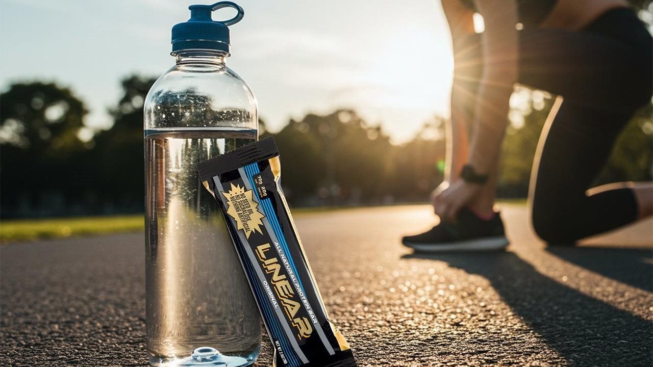 Water bottle with Linear bar leaning against it and a woman in exercise clothing tieing her shoe before a run.