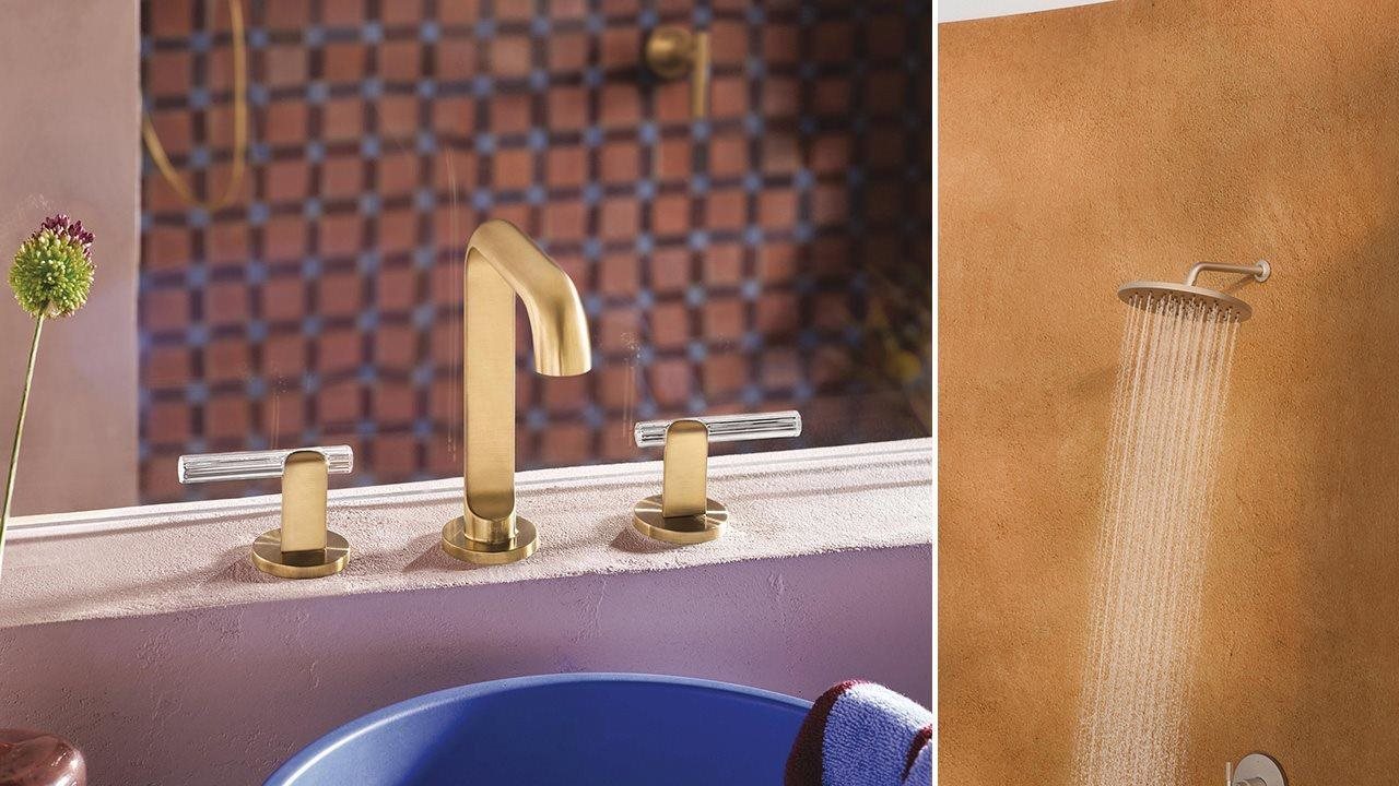 Side by side image of Brizo faucet and Brizo shower head.