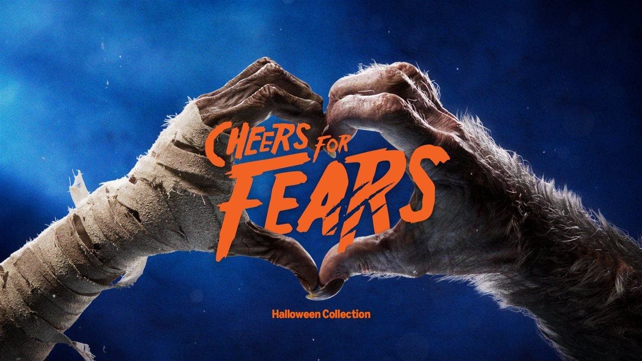 Two spooky hands making a heart shape and type that says "Cheers for Fears".