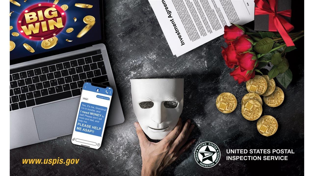 Computadora portátil, mascarilla, teléfono, rosas y monedas. El Día Mundial de la Toma de Conciencia contra el Abuso y Maltrato en la Vejez es el 15 de junio de 2026. Visite uspis.gov/imposter-scams