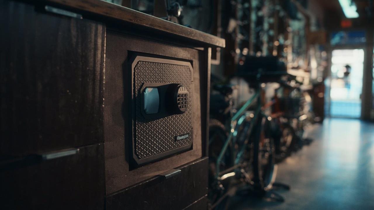 Master Lock Fireproof + Waterproof Safe guarding critical documents and protecting irreplaceable valuables in a garage.