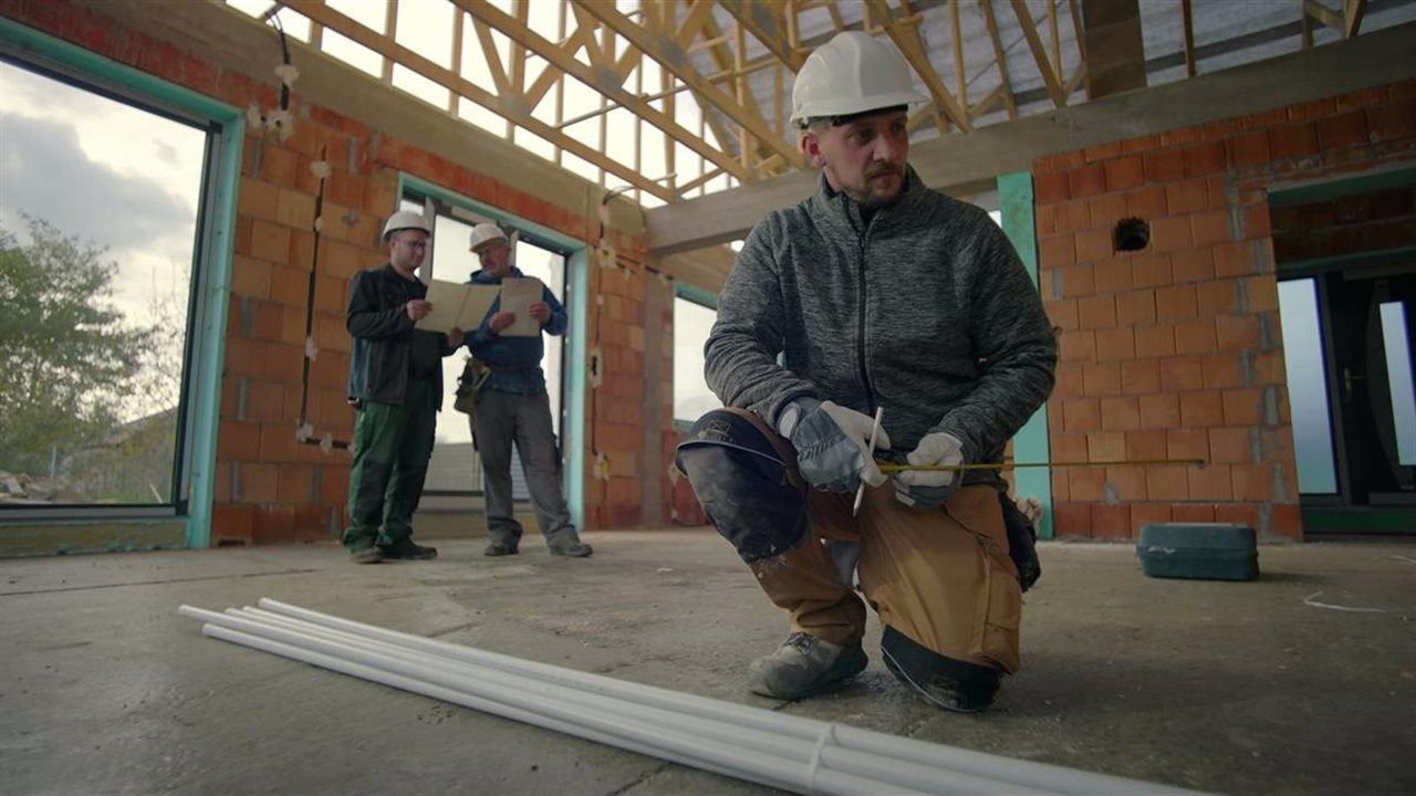 Men at construction site measure vinyl pipes. Learn more about PVC pipe and other vinyl products at www.vinylinfo.org