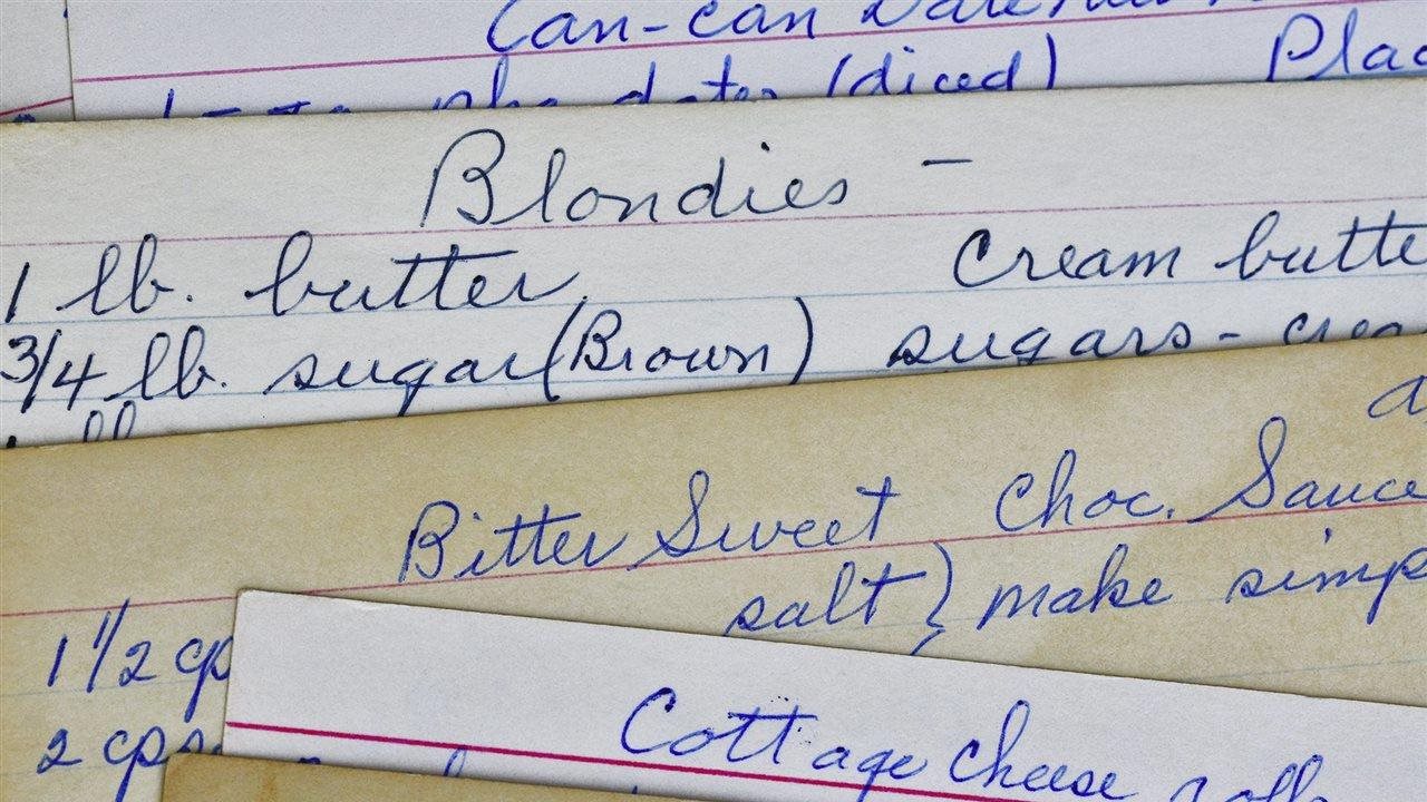 Note cards containing recipes such as: Blondies and Bitter Sweet Choc. Sauce