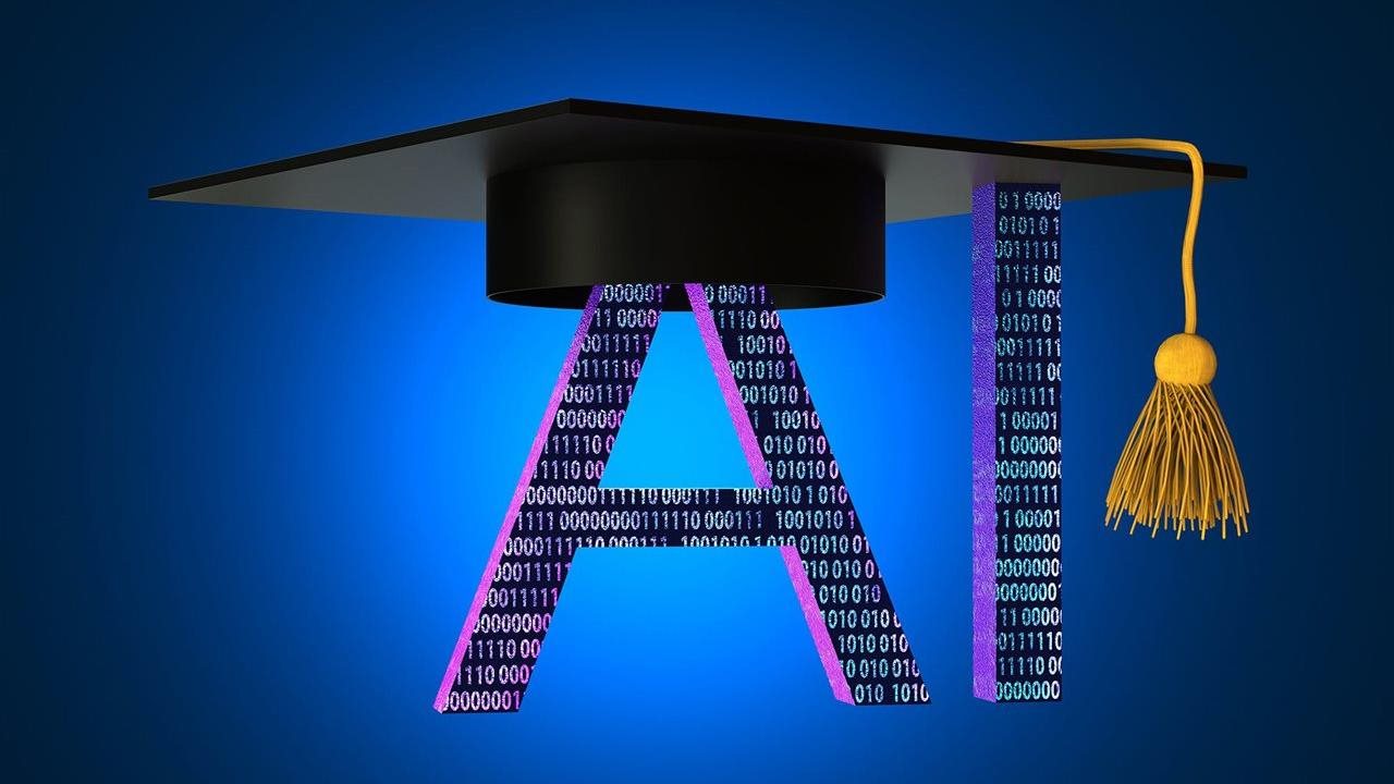 AI letters filled with binary code with a graduation cap on top to represent DeVry University's commitment to a curriculum that fosters the critical thinking and creativity needed in the workplace of the future alongside AI.