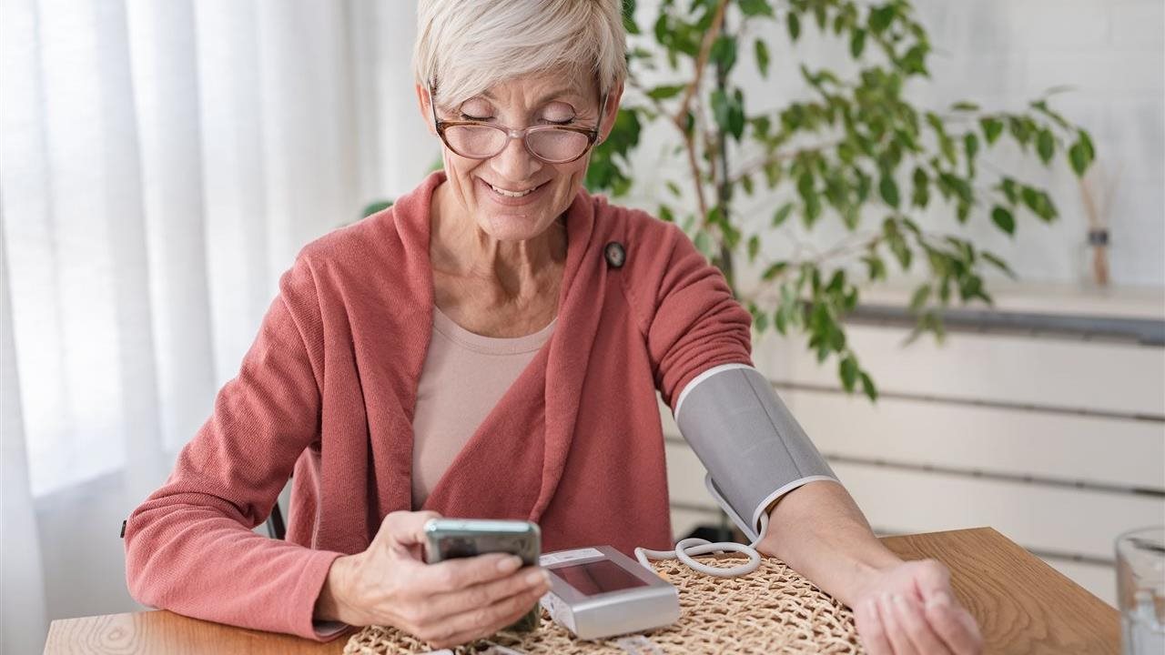 Senior woman takes blood pressure and uses phone app. Anthem Whole Health connects individual’s healthcare touchpoints.