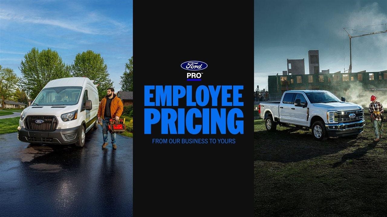 Construction workers and their Ford trucks with type that says "Ford pro employee pricing from our business to yours"