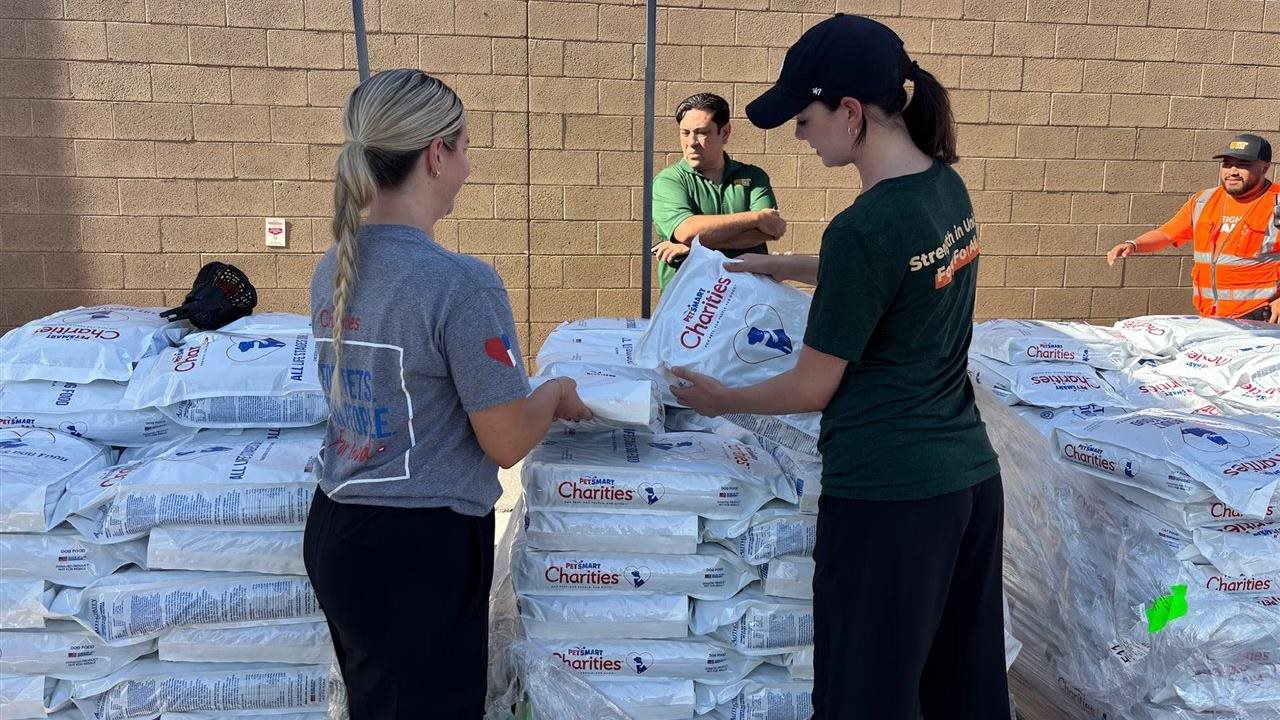 Two female workers stack up bags of pet food on pallets.