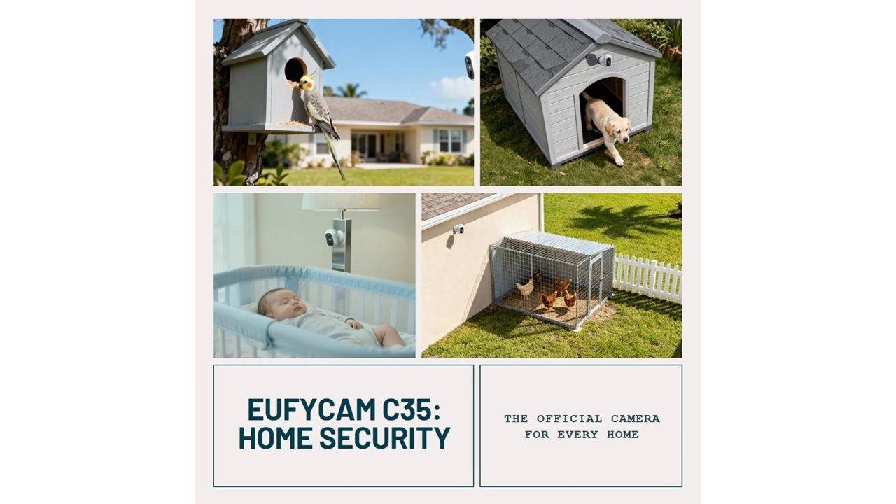 A collage image showing photo from Eufycam C35 home security featuring Chickens in a coup, baby in a cri, dog in a dog house, bird at a bird house.