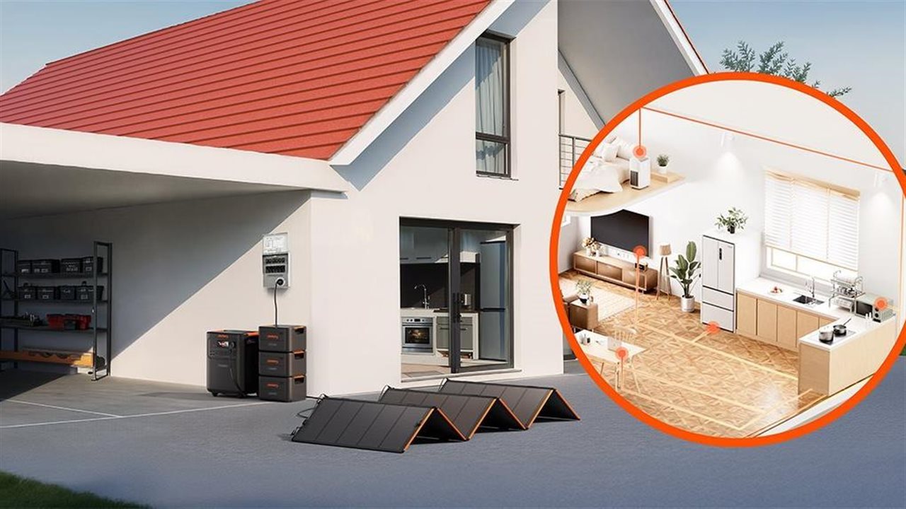 Modern home with Jackery homepower 3600 plus in a garage and a photo insert showing kitchen appliances inside home.