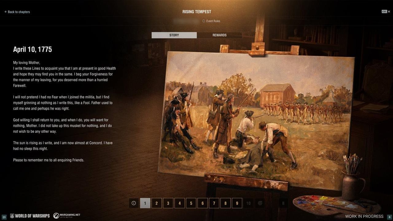 A screen capture from the video game "Wargaming" with a painting and type over image letter from one of the characters.