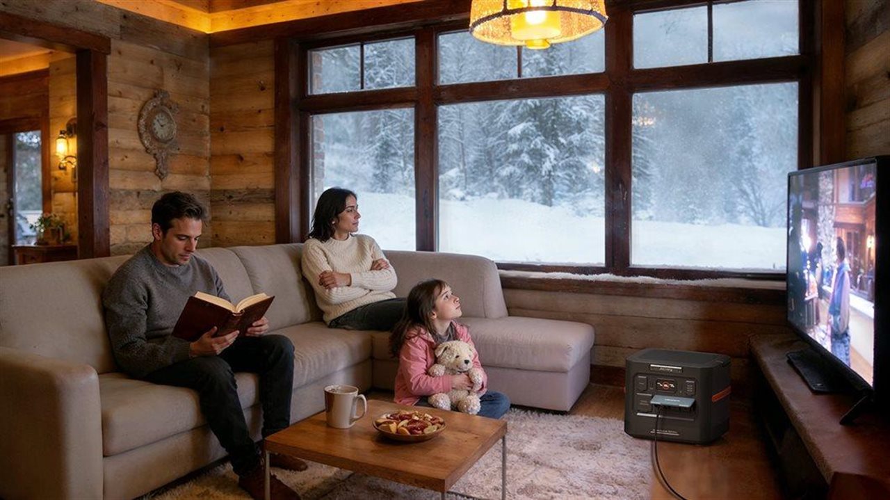 Parents and their little girl watching TV during a snow storm with Jackery Explorer 1500 Ultra professional-grade portable power station in the living room with them.