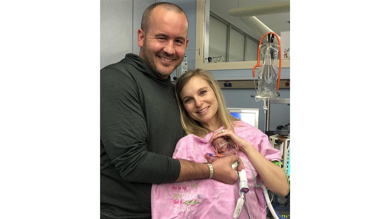 Laura, her husband and their 3-week-old daughter Blake, the hospital’s first fragile preemie to receive Prolacta Bioscience; a fortifier made from 100% donor breastmilk, which lowers the risk of developing NEC compared to those fed cow milk-based products.