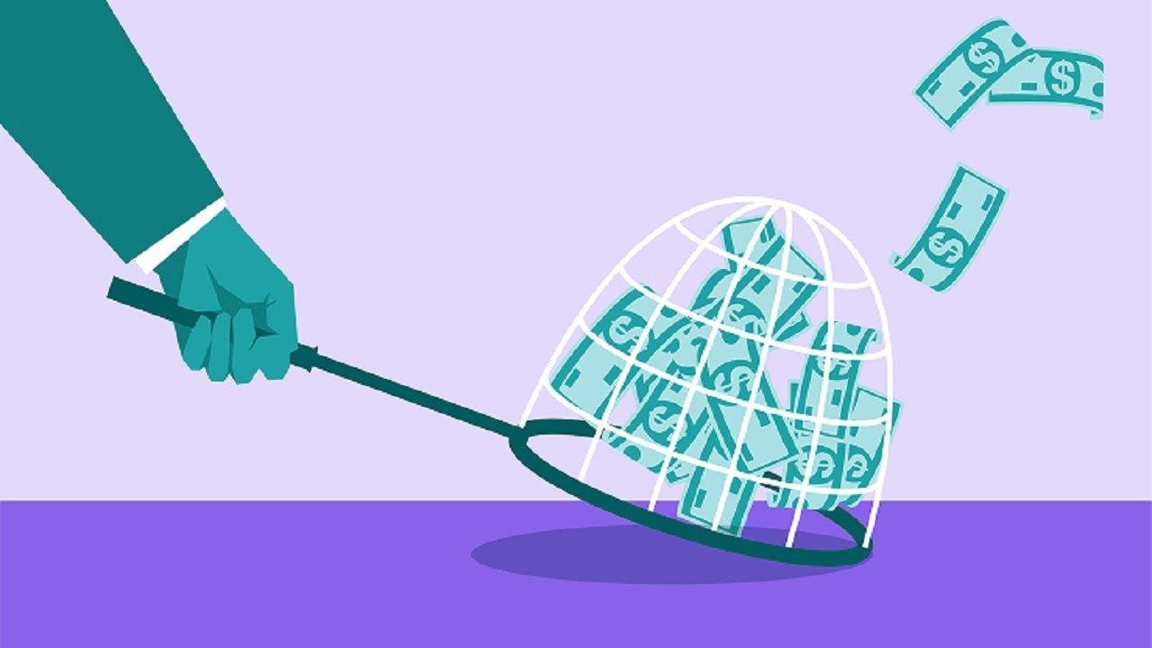 Illustration of man with butterfly net catching dollars