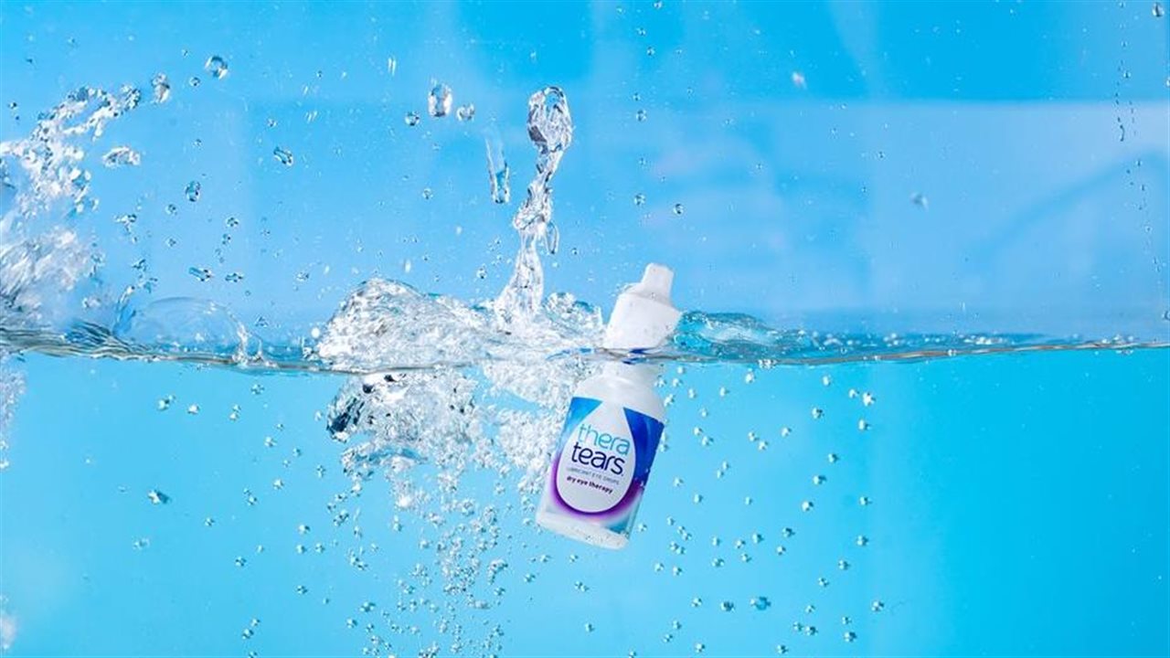 Bottle of TheraTears floating in the water.