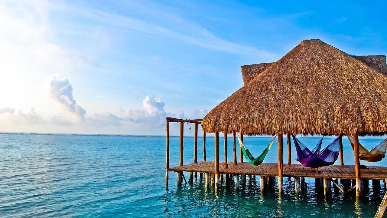 Dock covered with thatch roof on the shore of ocean.