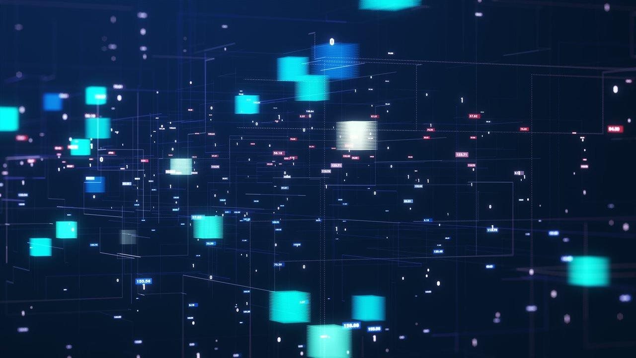 Blockchain concept with blue and teal box on a grid. Sirion is an AI-native CLM platform.