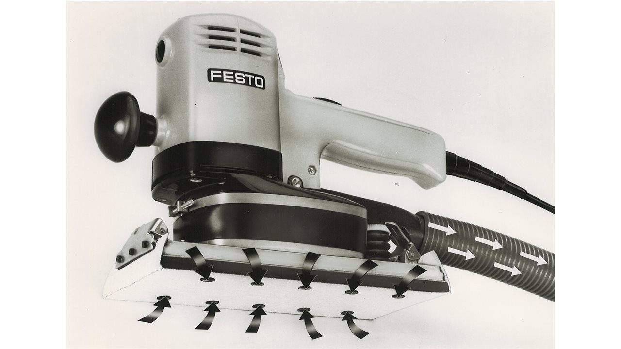 The Festool sander. The first orbital sander created in 1966, RTS-S, replaced tedious, time-consuming work with a more efficient solution. It also introduced the world's first dust extraction system to prioritize health and safety.