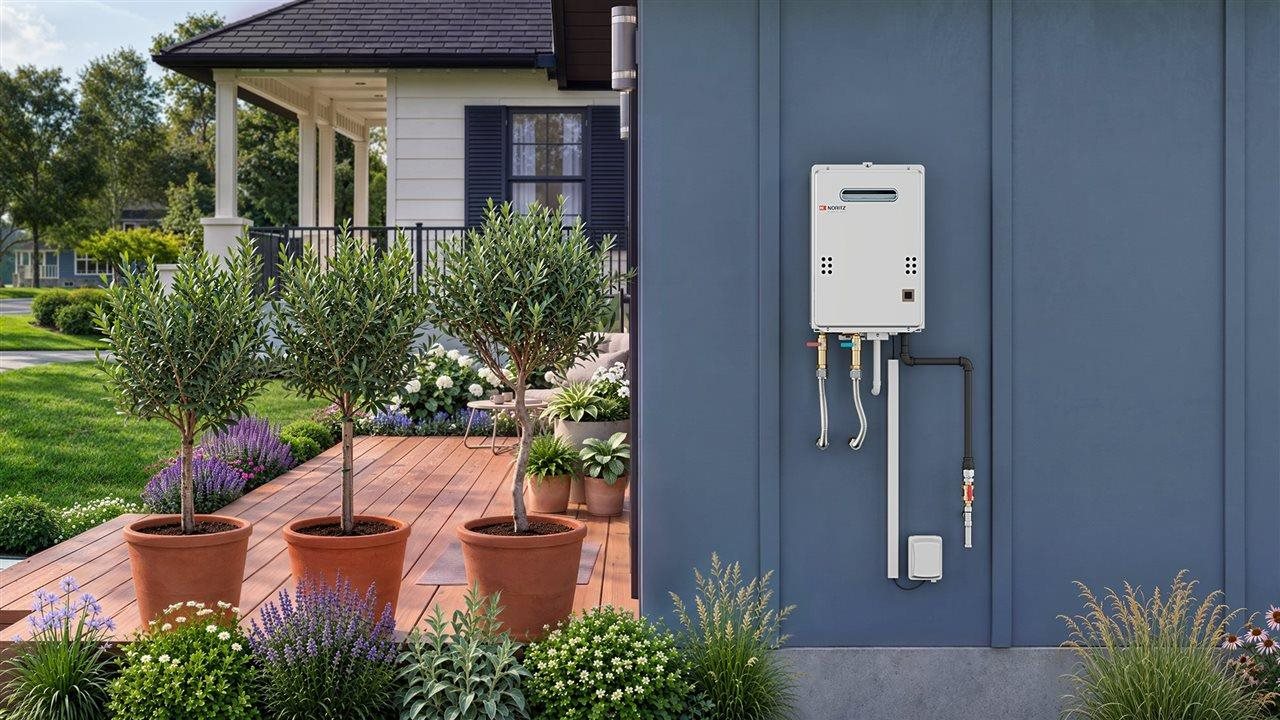 Noritz tankless water heater mounted to the side of garage converted to a charming guest cottage.