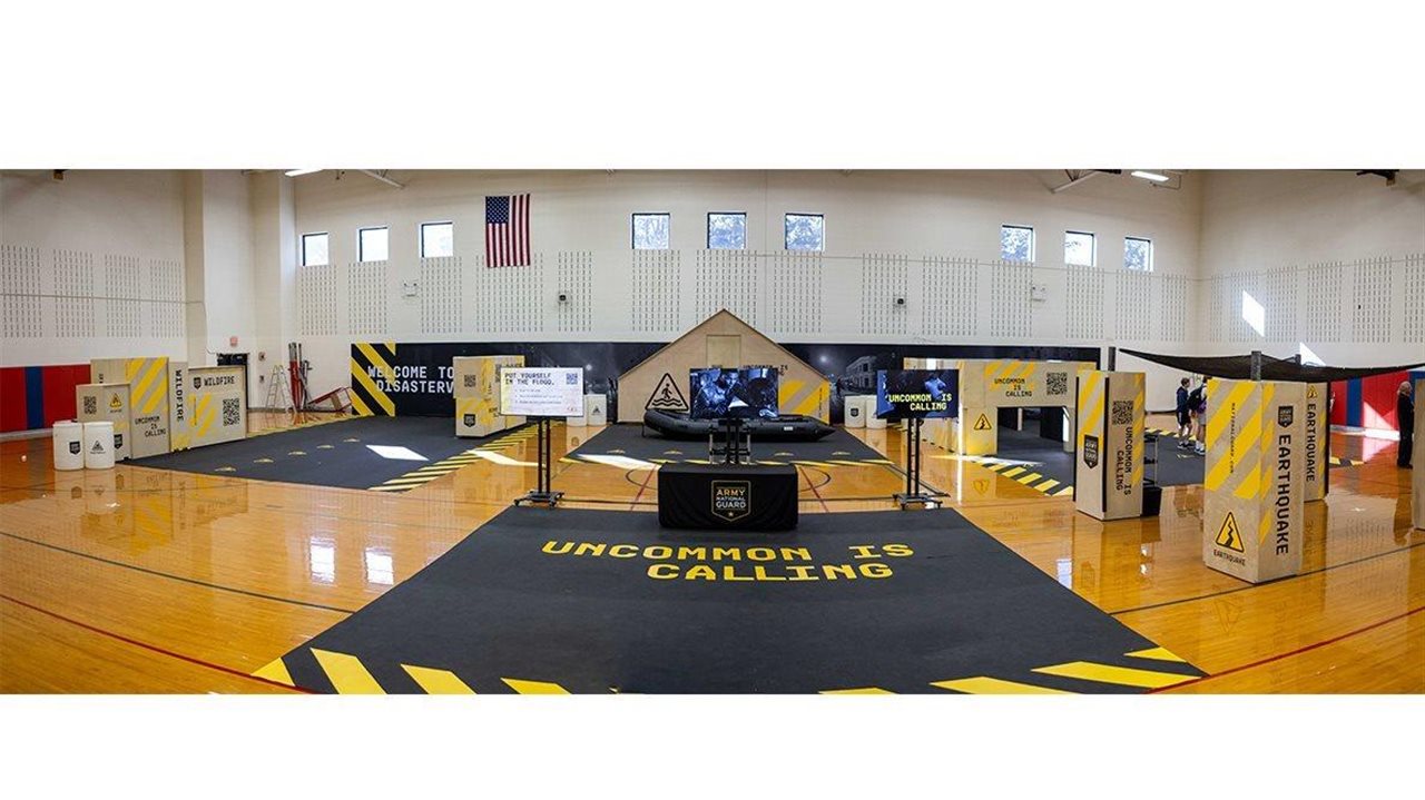 Disasterville, a new mixed-reality experience from the Army National Guard, set up in a high school gym.