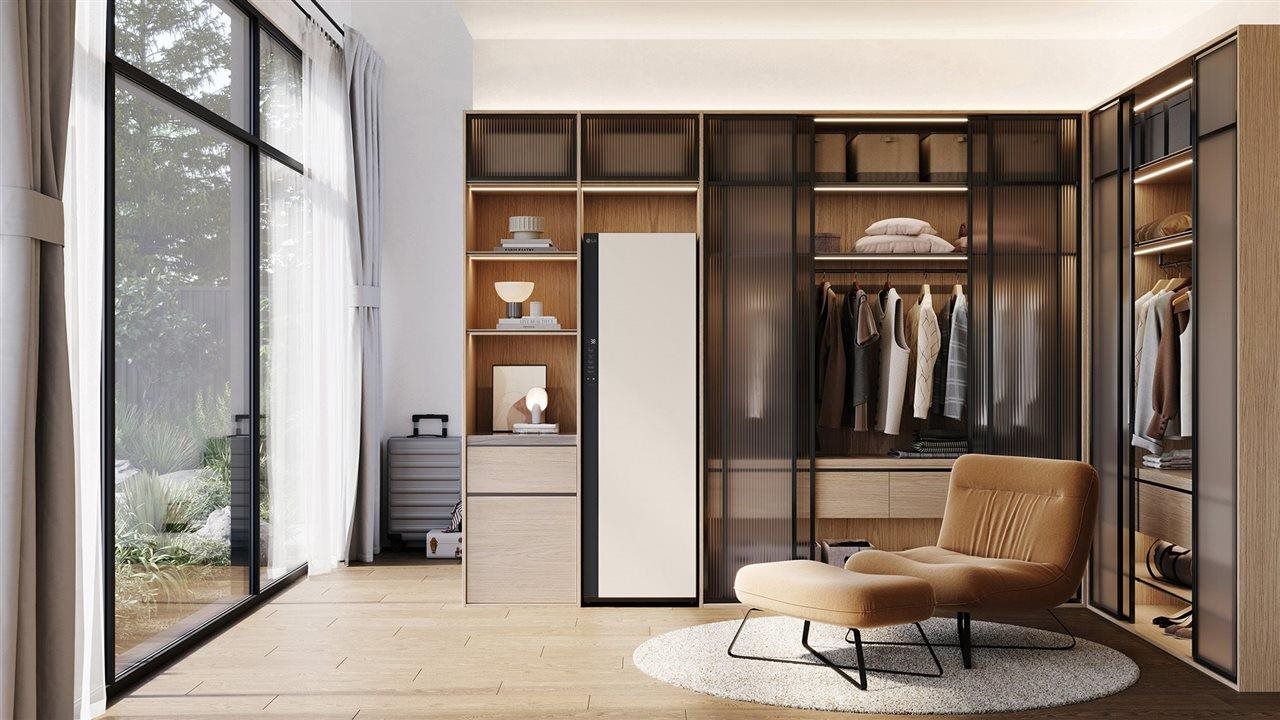 LG styler with ThinQ® connectivity and Smart Diagnosis™ in an upscale closet/dressing room.
