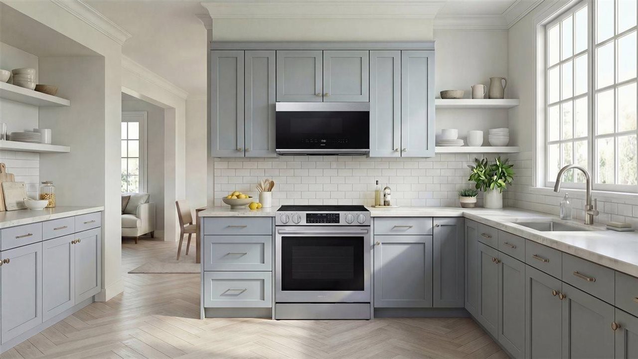 The Samsung Bespoke Over-the-Range Microwave with DualVent Technology NSE90H63S Electric Range in the kitchen.