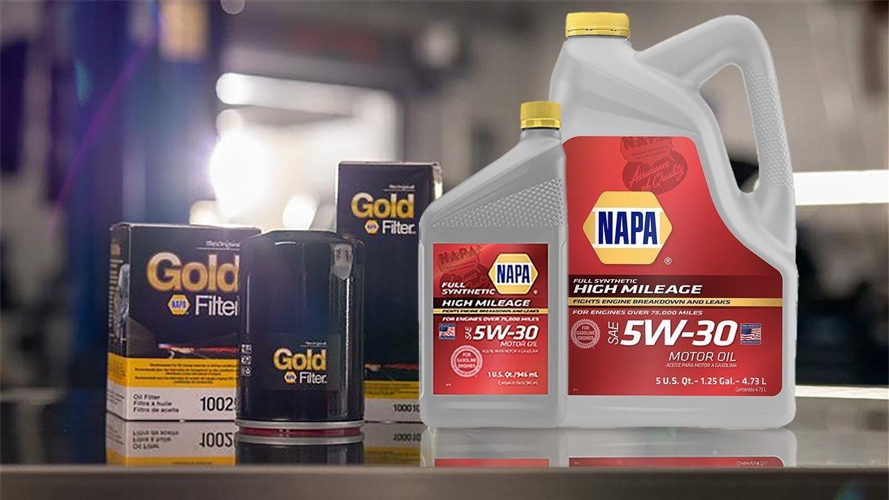 A display of NAPA filters and motor oil.