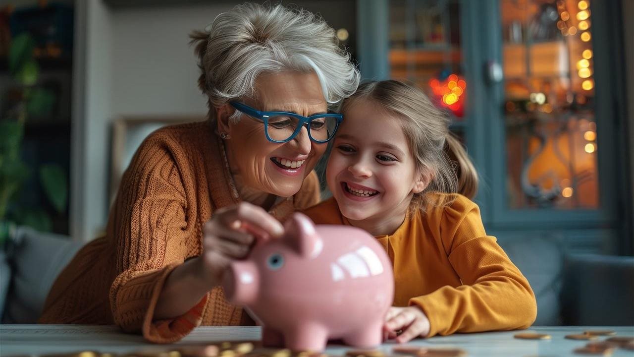 Grandmother and grandchild putting money in a pink piggybank. Florida Prepaid is the largest prepaid plan in the nation.