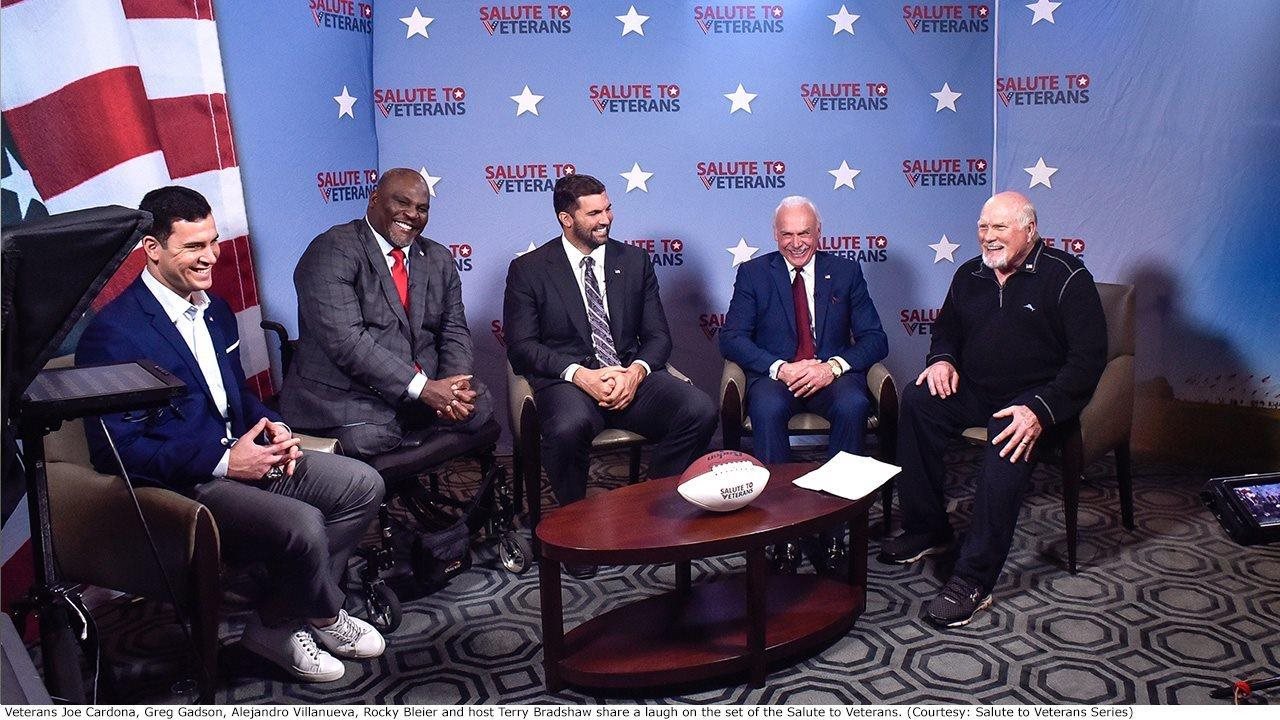 Veterans Joe Cardona, Greg Gadson, Alejandro Villanueva, Rocky Bleier and Host Terry Bradshaw share a laugh on the set of the Salute to Veterans