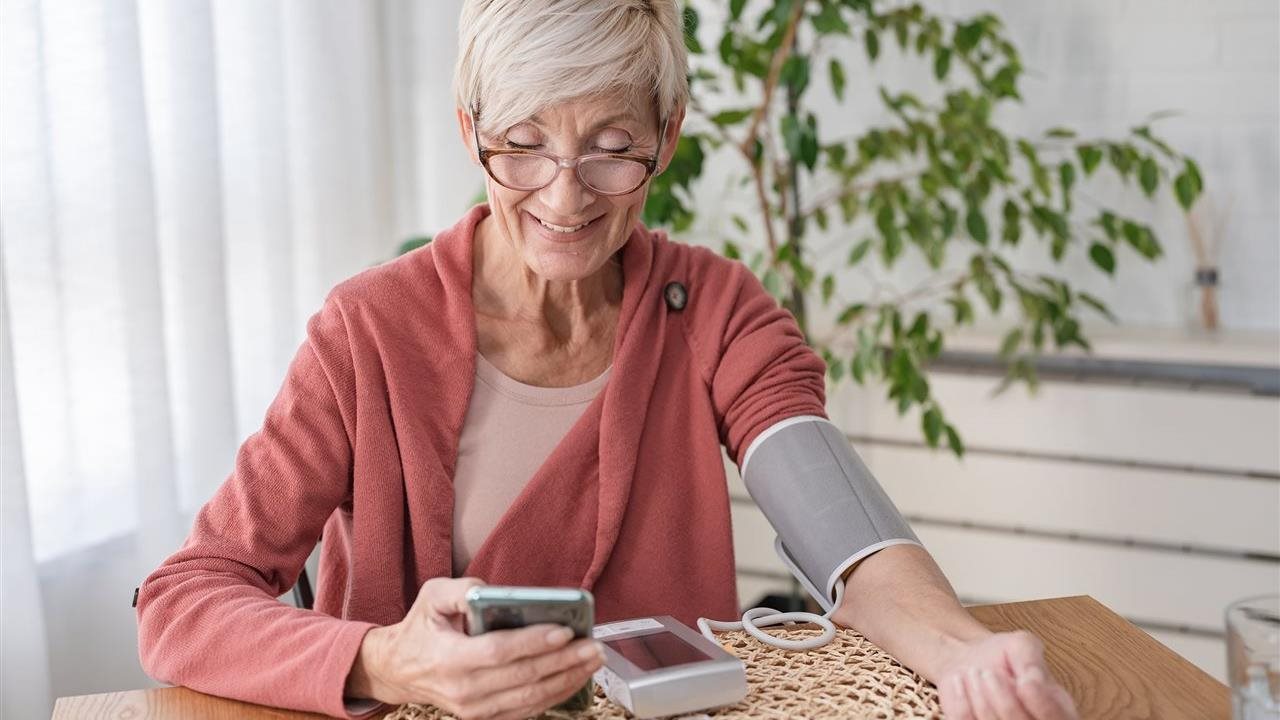 Senior woman takes blood pressure and uses phone app. Anthem Whole Health connects individual’s healthcare touchpoints.