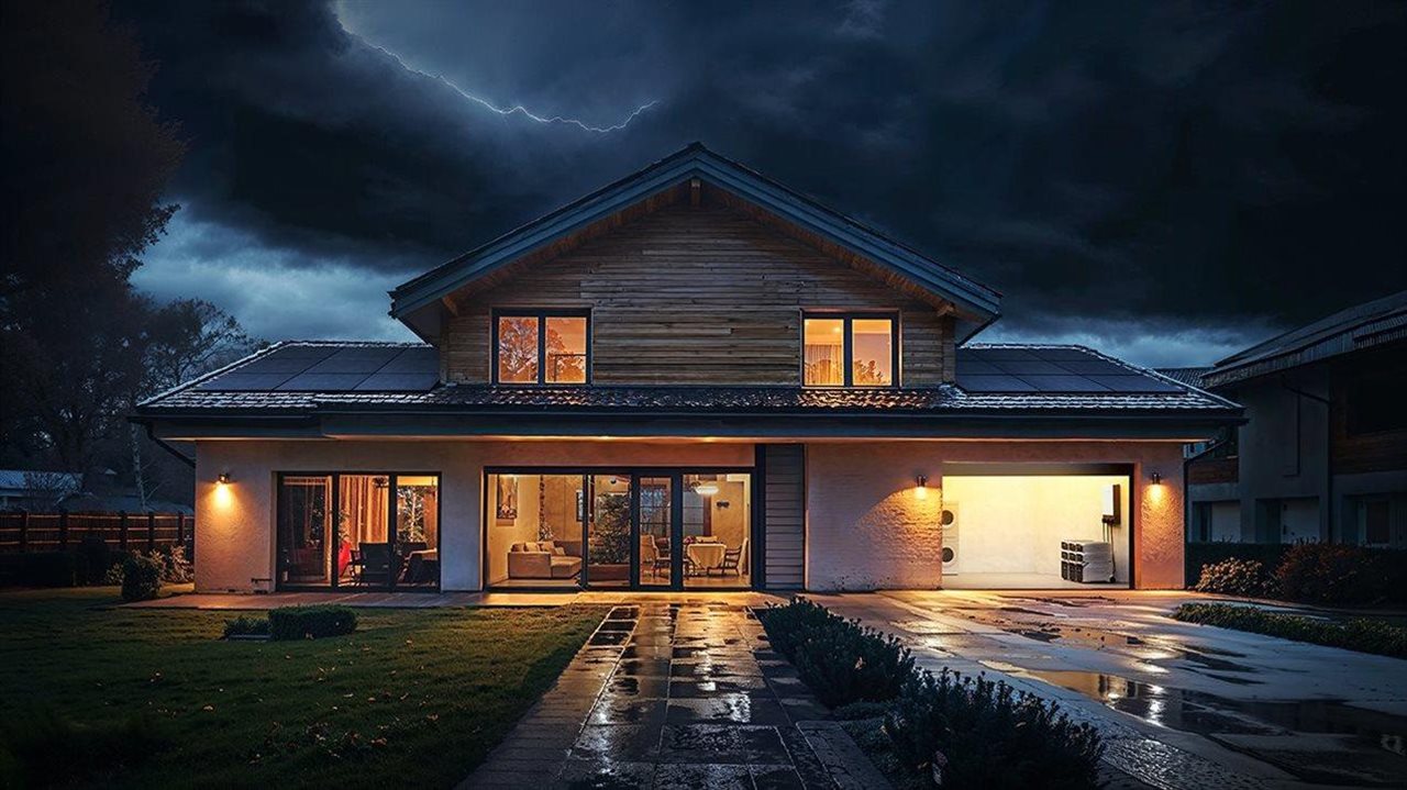 House in a suburban neighborhood with all of the lights on during a storm.