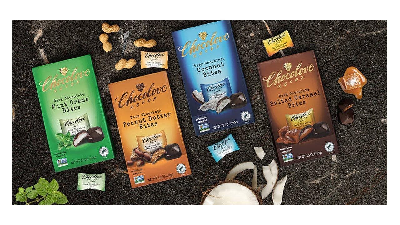 Chocolove Dark Chocolate Bites with Mint Crème, with Peanut Butter, with Coconut, or with Salted Caramel.