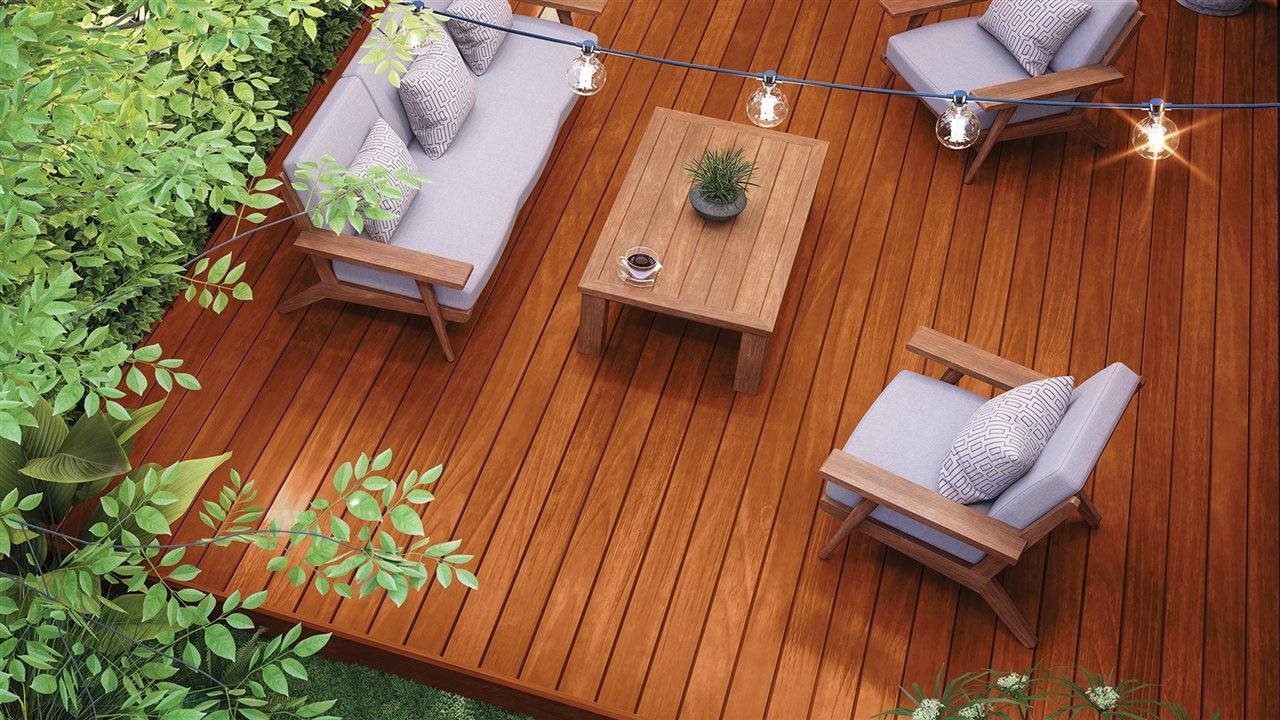 Ariel view of beautiful deck with chairs. PITTSBURGH PAINTS & STAINS® ULTRA® TRUE SEAL™ is an ideal choice for DIYers.