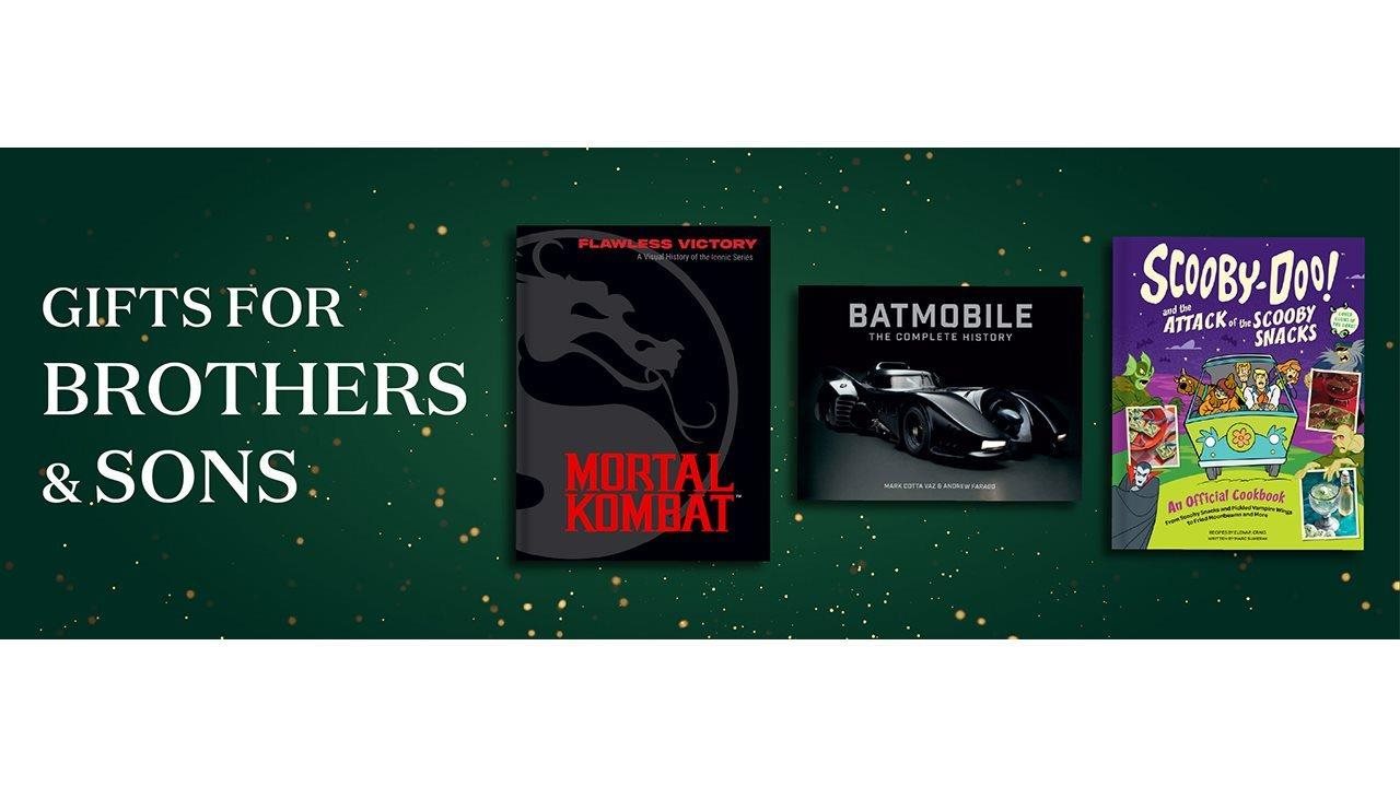 A graphic that says "gifts for brothers & sons" and features photos of Mortal Kombat, Batmobile and Scooby-Doo books.