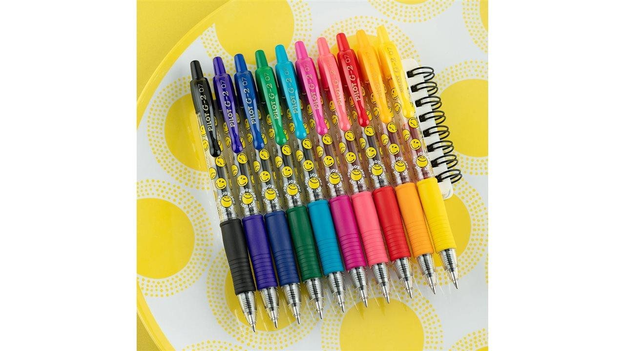 Close-up of a set of G2 Smiley Pilot Pens