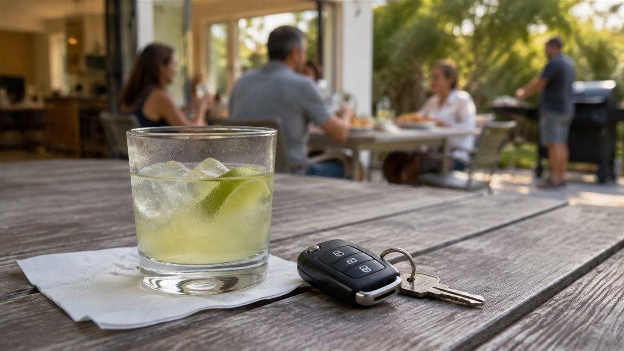 Friends at a BBQ and a glass next to a set of keys on a table.